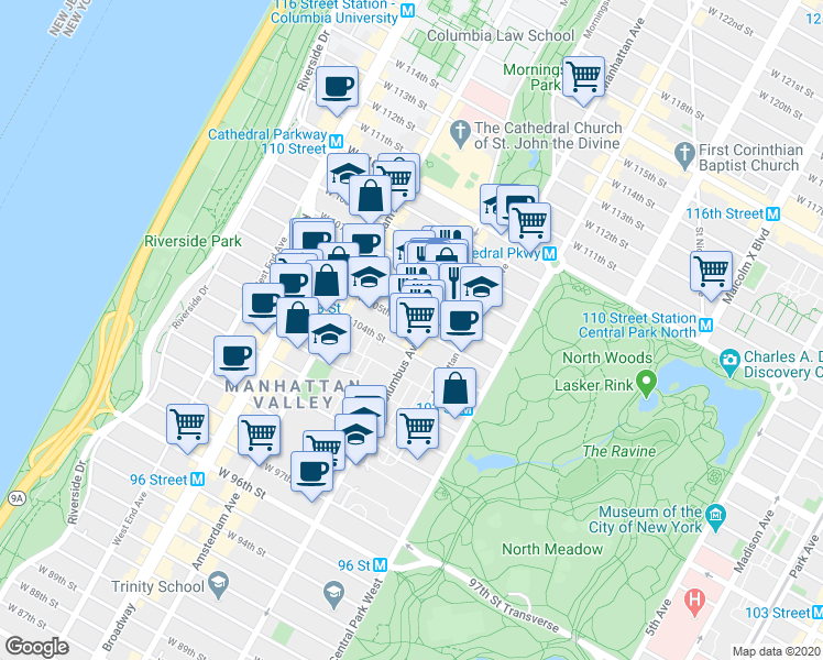 map of restaurants, bars, coffee shops, grocery stores, and more near in New York