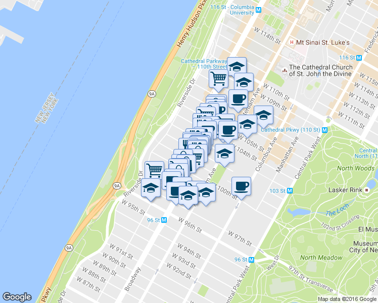 map of restaurants, bars, coffee shops, grocery stores, and more near in New York
