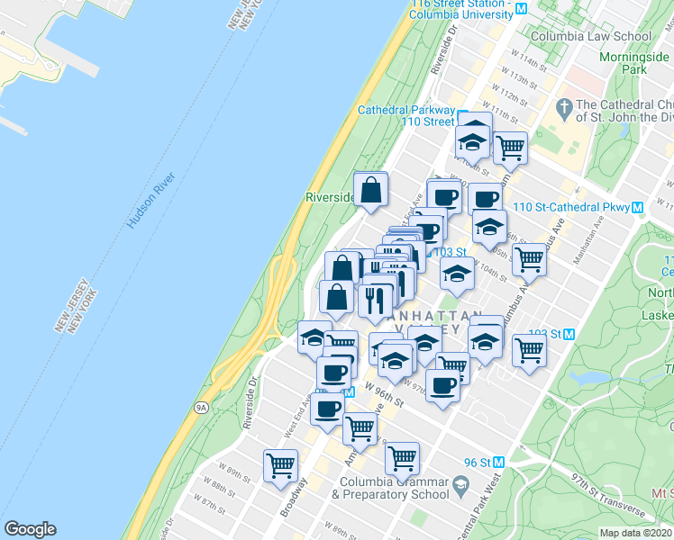 map of restaurants, bars, coffee shops, grocery stores, and more near 325 West 100th Street in New York