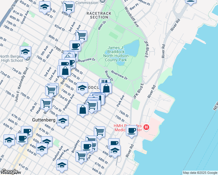 map of restaurants, bars, coffee shops, grocery stores, and more near 141 79th Street in North Bergen