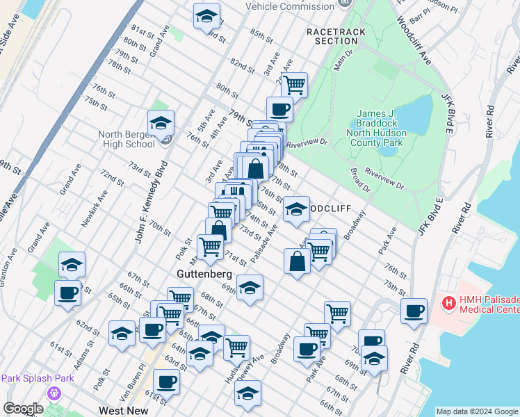 map of restaurants, bars, coffee shops, grocery stores, and more near 432 74th Street in North Bergen