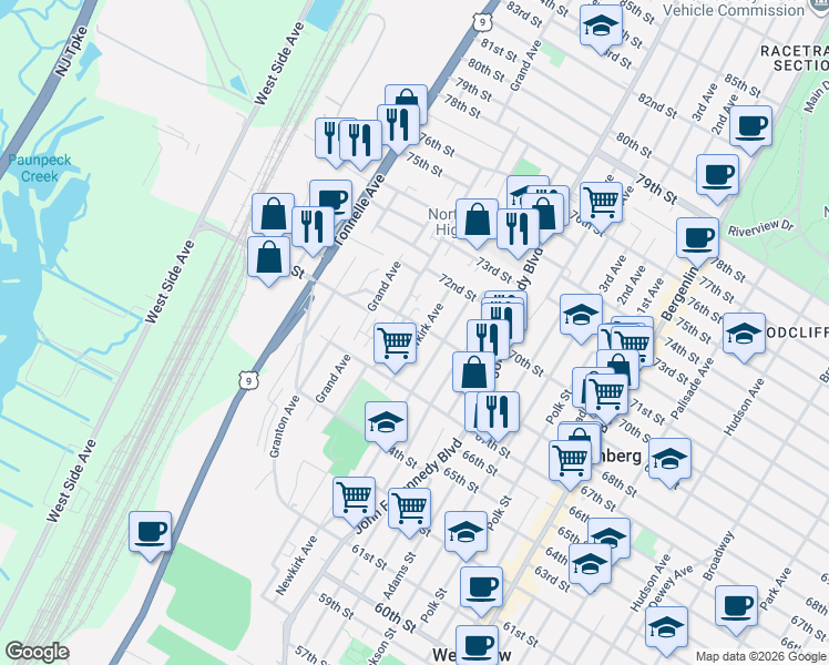 map of restaurants, bars, coffee shops, grocery stores, and more near 6812 Meadowview Avenue in North Bergen