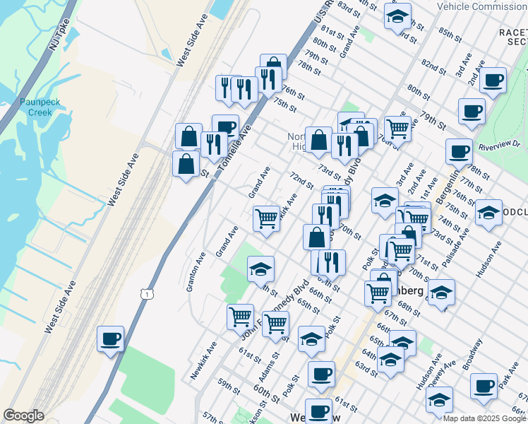 map of restaurants, bars, coffee shops, grocery stores, and more near 6812 Meadowview Avenue in North Bergen