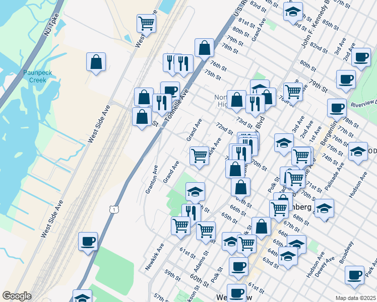 map of restaurants, bars, coffee shops, grocery stores, and more near 1461A 68th Street in North Bergen
