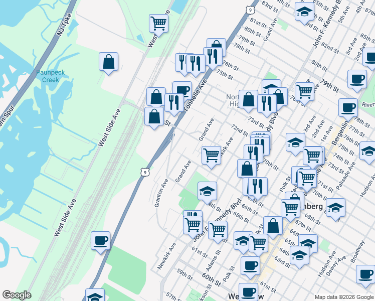 map of restaurants, bars, coffee shops, grocery stores, and more near 1461A 68th Street in North Bergen