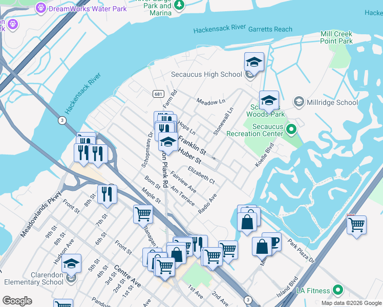 map of restaurants, bars, coffee shops, grocery stores, and more near 171 Huber Street in Secaucus