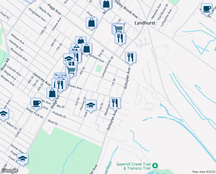 map of restaurants, bars, coffee shops, grocery stores, and more near 717 1st Street in Lyndhurst