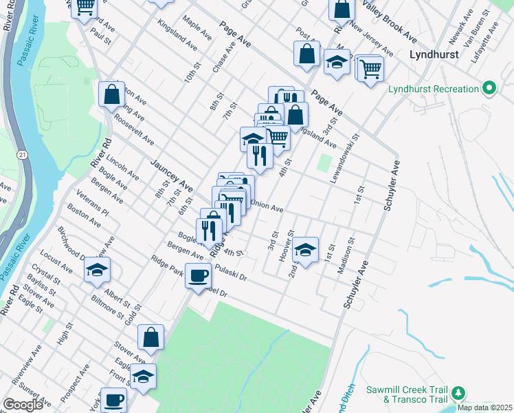 map of restaurants, bars, coffee shops, grocery stores, and more near in Lyndhurst