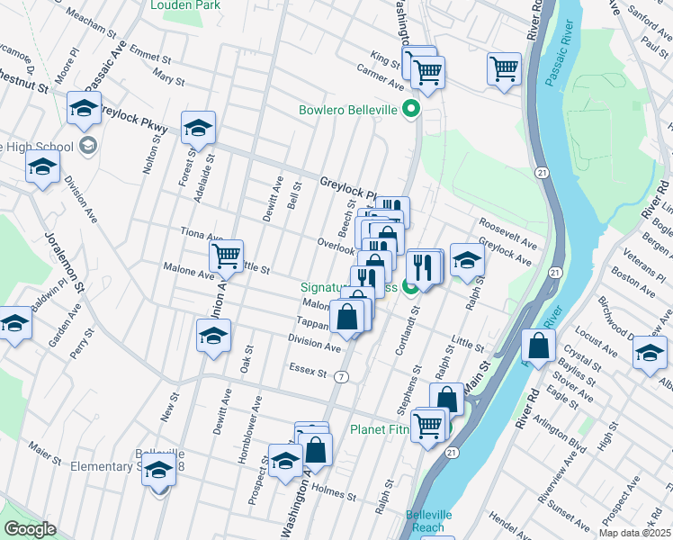 map of restaurants, bars, coffee shops, grocery stores, and more near 77 Floyd Street in Belleville