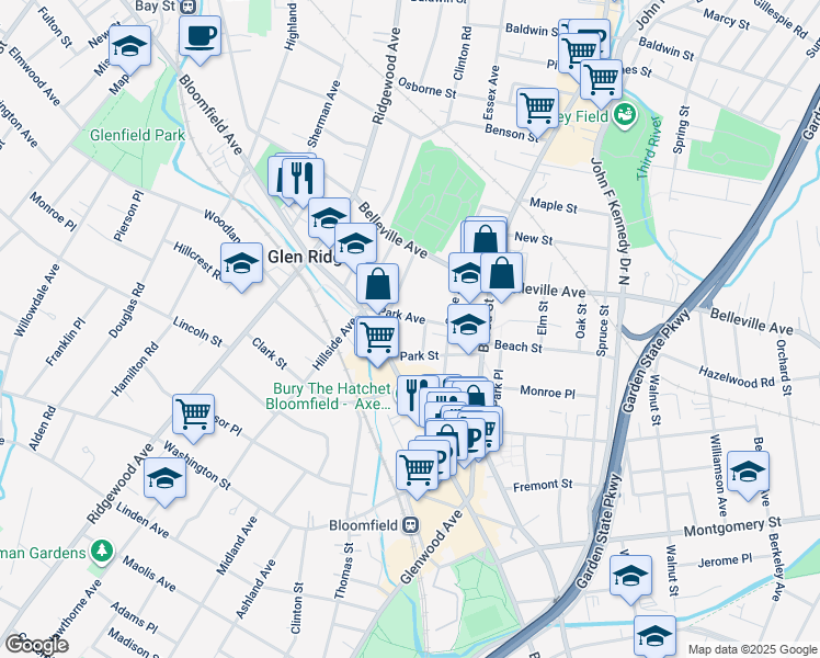 map of restaurants, bars, coffee shops, grocery stores, and more near 64 Park Avenue in Bloomfield