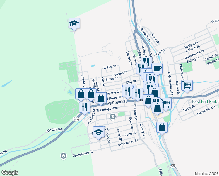 map of restaurants, bars, coffee shops, grocery stores, and more near 253 Franklin Street in Tamaqua