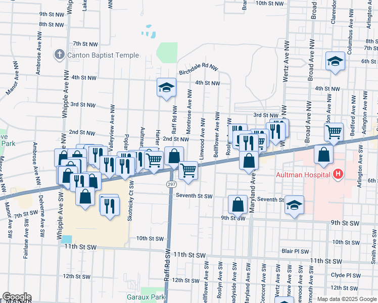 map of restaurants, bars, coffee shops, grocery stores, and more near 130 Montrose Avenue Northwest in Canton