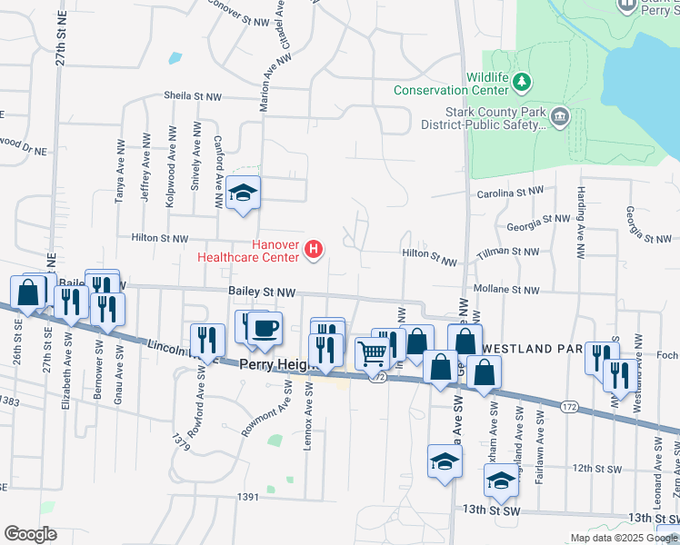 map of restaurants, bars, coffee shops, grocery stores, and more near 3340 Mollane Street Northwest in Massillon