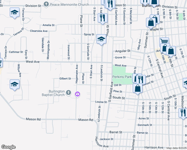 map of restaurants, bars, coffee shops, grocery stores, and more near 1007 S Starr Ave in Burlington