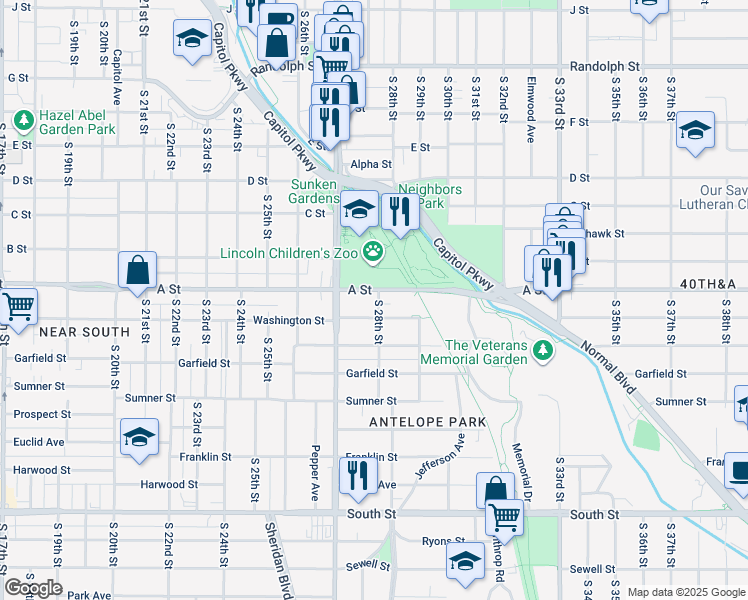 map of restaurants, bars, coffee shops, grocery stores, and more near 1425 South 28th Street in Lincoln