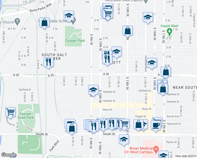 map of restaurants, bars, coffee shops, grocery stores, and more near 918 Washington Street in Lincoln