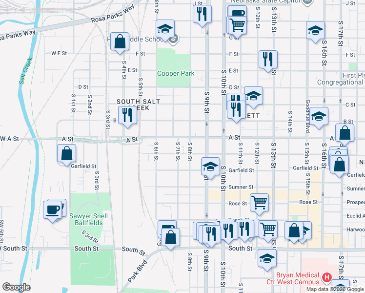 map of restaurants, bars, coffee shops, grocery stores, and more near 1432 South 7th Street in Lincoln