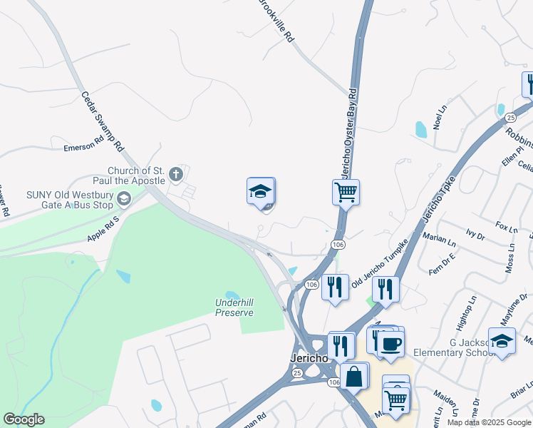 map of restaurants, bars, coffee shops, grocery stores, and more near 99 Cedar Swamp Road in Jericho