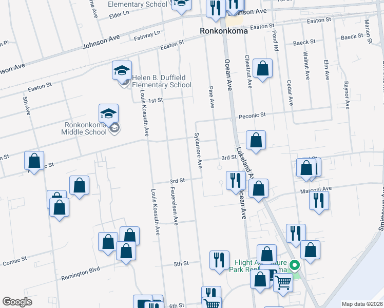 map of restaurants, bars, coffee shops, grocery stores, and more near 2129 Julia Goldbach Avenue in Ronkonkoma