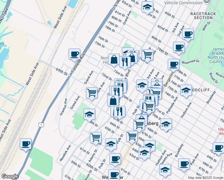 map of restaurants, bars, coffee shops, grocery stores, and more near 7021 Smith Avenue in North Bergen