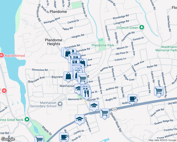 map of restaurants, bars, coffee shops, grocery stores, and more near 37 Orchard St in Manhasset