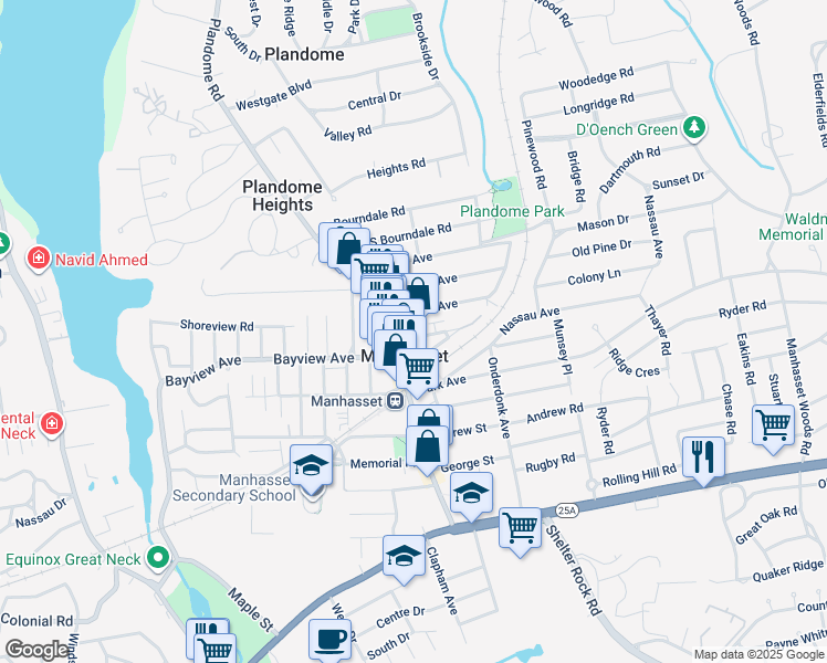 map of restaurants, bars, coffee shops, grocery stores, and more near in Manhasset