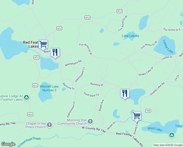 map of restaurants, bars, coffee shops, grocery stores, and more near 56 Blue Jay Lane in Red Feather Lakes