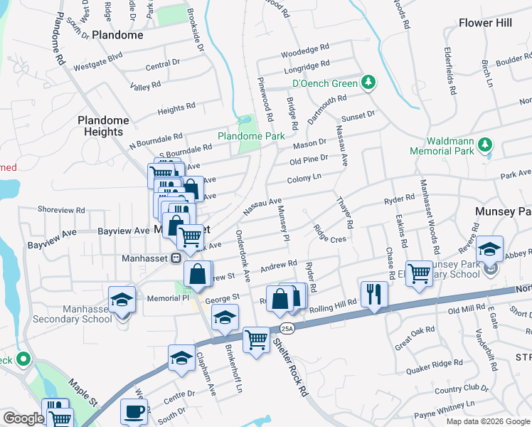 map of restaurants, bars, coffee shops, grocery stores, and more near 33 Beechwood Avenue in Manhasset