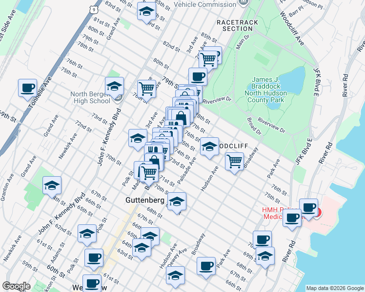 map of restaurants, bars, coffee shops, grocery stores, and more near 432 74th Street in North Bergen