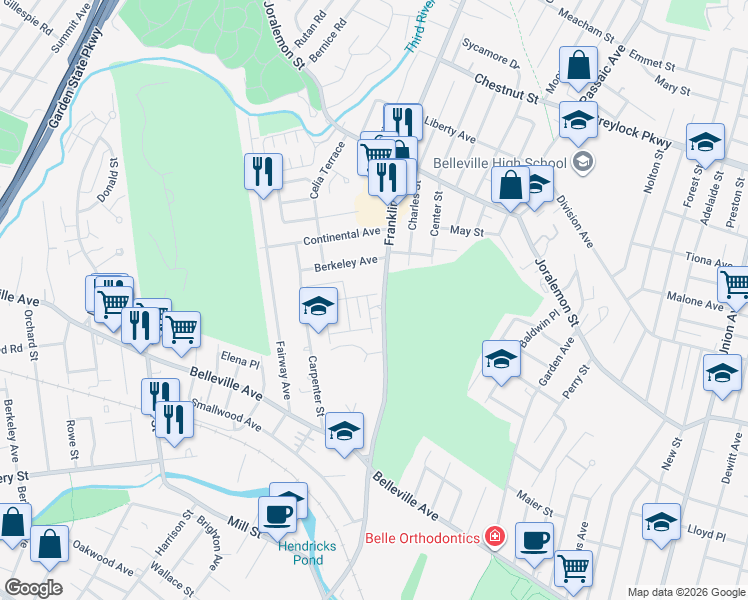 map of restaurants, bars, coffee shops, grocery stores, and more near 109 Hamilton Street in Belleville