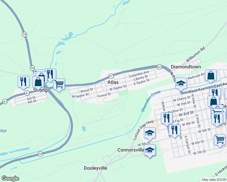 map of restaurants, bars, coffee shops, grocery stores, and more near 226 West Saylor Street in Mount Carmel