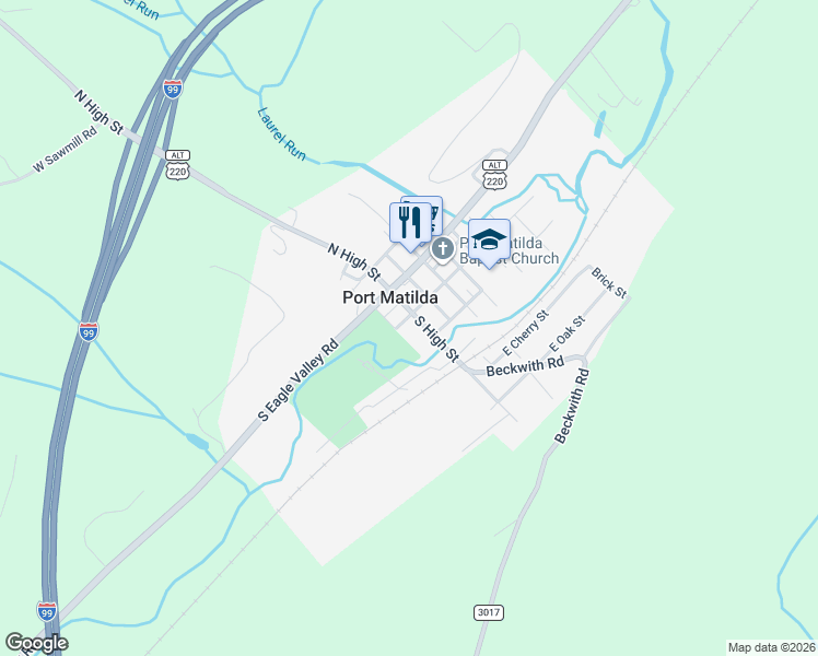 map of restaurants, bars, coffee shops, grocery stores, and more near 110 South High Street in Port Matilda