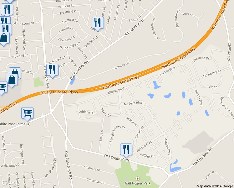 map of restaurants, bars, coffee shops, grocery stores, and more near 885 Altessa Boulevard in Melville
