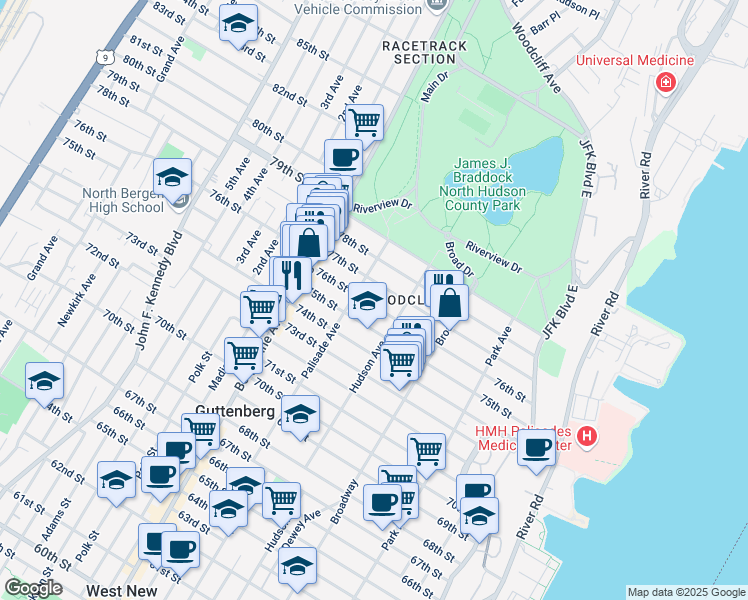 map of restaurants, bars, coffee shops, grocery stores, and more near 326 76th Street in North Bergen