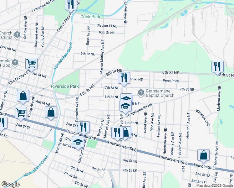 map of restaurants, bars, coffee shops, grocery stores, and more near 612 Webster Avenue Northeast in Canton