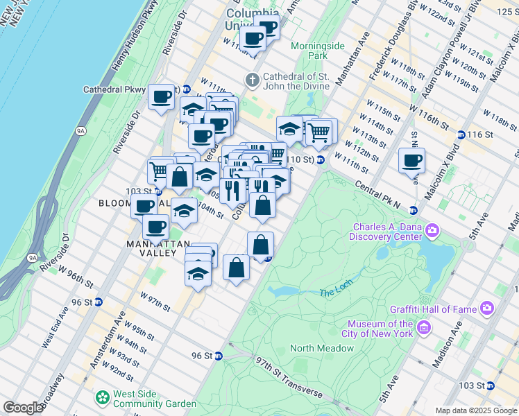 map of restaurants, bars, coffee shops, grocery stores, and more near 56 West 106th Street in New York