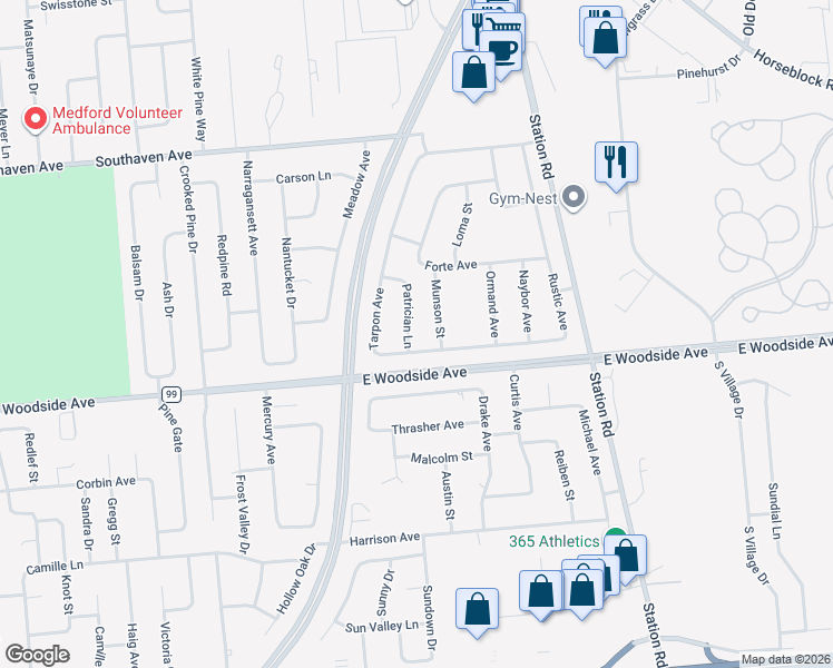 map of restaurants, bars, coffee shops, grocery stores, and more near 3 Patrician Lane in Medford
