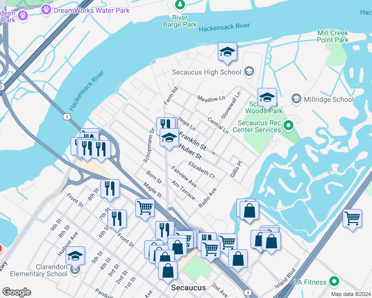 map of restaurants, bars, coffee shops, grocery stores, and more near 171 Huber Street in Secaucus