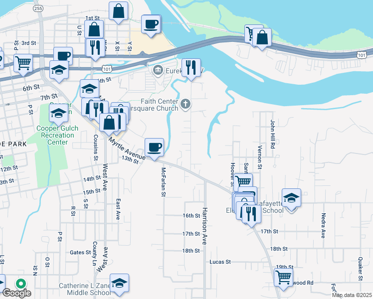 map of restaurants, bars, coffee shops, grocery stores, and more near 1324 Bay Street in Eureka