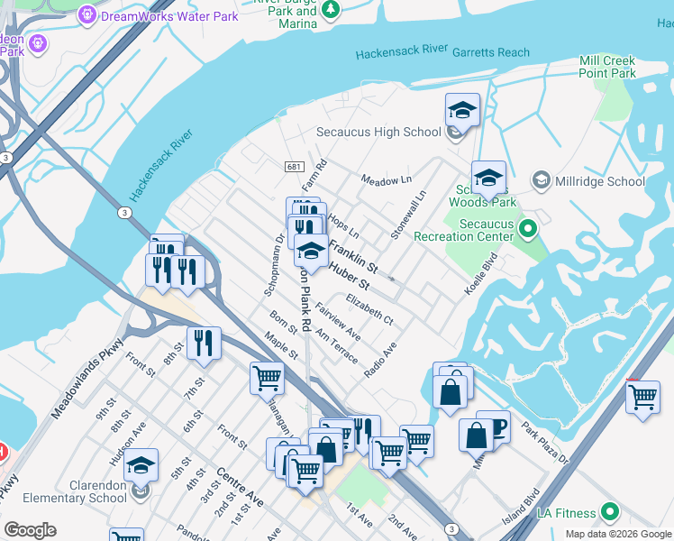 map of restaurants, bars, coffee shops, grocery stores, and more near 171 Huber Street in Secaucus
