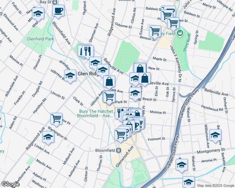 map of restaurants, bars, coffee shops, grocery stores, and more near 64 Park Avenue in Bloomfield