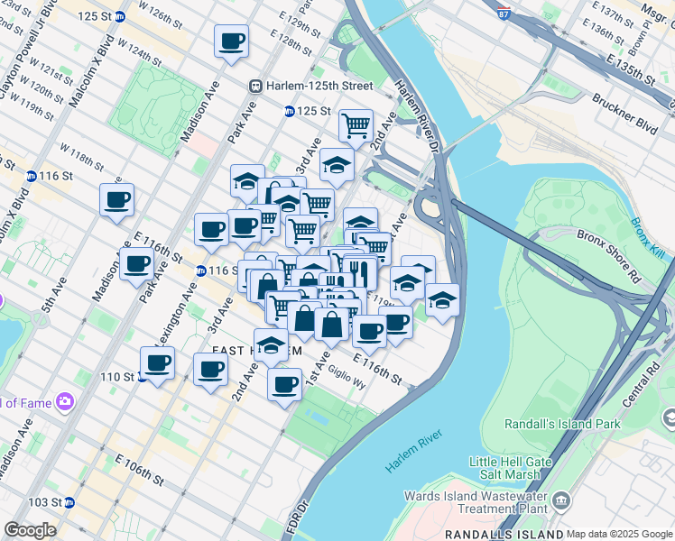map of restaurants, bars, coffee shops, grocery stores, and more near 333 East 119th Street in New York