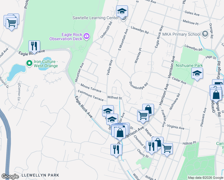 map of restaurants, bars, coffee shops, grocery stores, and more near 45 Wilfred Street in West Orange