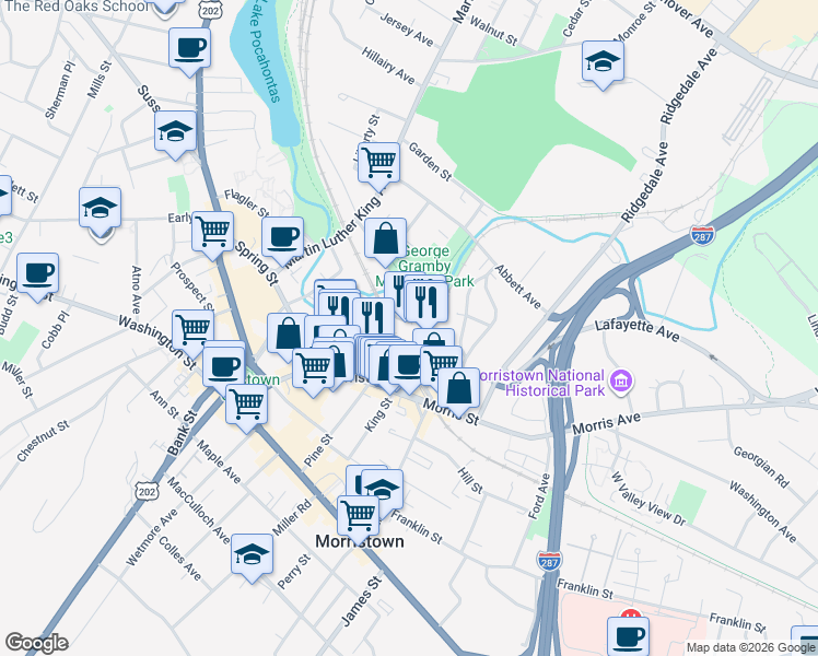 map of restaurants, bars, coffee shops, grocery stores, and more near 1 Lafayette Avenue in Morristown