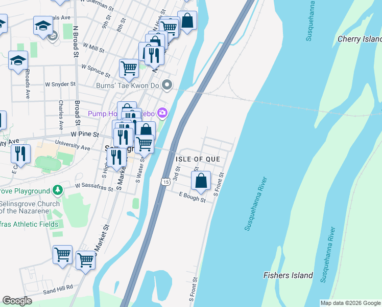 map of restaurants, bars, coffee shops, grocery stores, and more near 212 East Pine Street in Selinsgrove