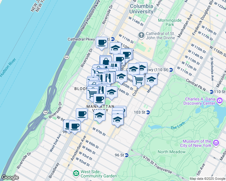 map of restaurants, bars, coffee shops, grocery stores, and more near 881 Amsterdam Avenue in New York