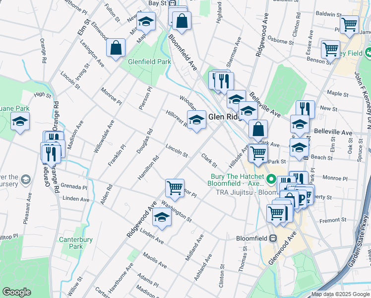 map of restaurants, bars, coffee shops, grocery stores, and more near 9 Lincoln Street in Glen Ridge