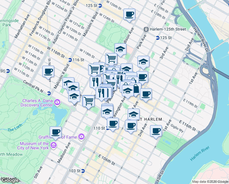 map of restaurants, bars, coffee shops, grocery stores, and more near 1607 Park Avenue in New York