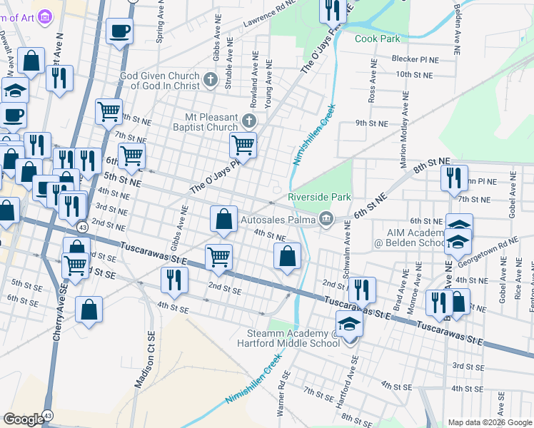 map of restaurants, bars, coffee shops, grocery stores, and more near 1425 5th Street Northeast in Canton