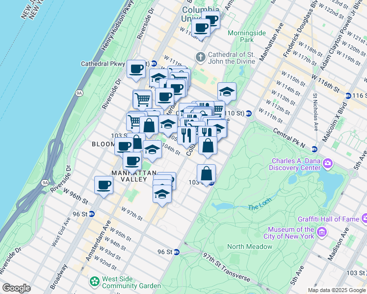 map of restaurants, bars, coffee shops, grocery stores, and more near 106 West 105th Street in New York